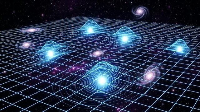 Quantum Physics Grid Representation with Glowing Particles.
