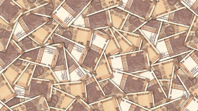 Seamless pattern. Financial illustration. Many scattered Indian 10 rupee banknotes. Obverse and reverse. Money of Republic of India. Bills of ten rupees. Economic texture. Wallpaper or background