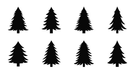 A collection of eight black silhouettes depicting coniferous evergreen trees © freelancer