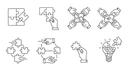 Fototapeta premium collection of line art puzzle icons illustrating teamwork collaboration problem-solving and idea generation for business strategy