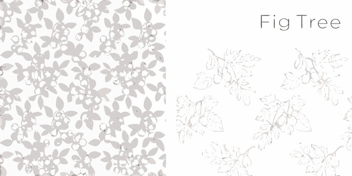 Floral pattern with sketched fig tree branches and delicate foliage
