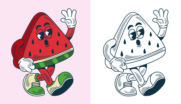 retro watermelon mascot character in vintage cartoon style with halftone texture. unique vector illustration for stickers, t-shirts, and logo design