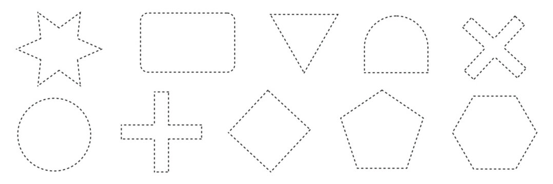 Set of dashed line basic geometric vector shapes. dotted outline of circle, rectangle, square, triangle, heart and star. Icon of cut frame. geometric shape vector art . Vector Illustration . EPS 10 .
