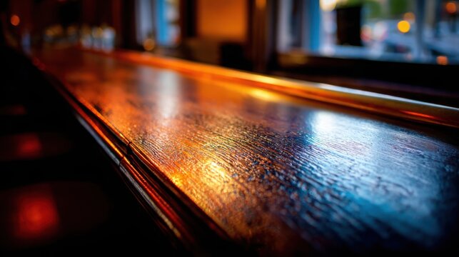 Polished brass bar rail reflecting dim amber light across a textured wooden pub counter