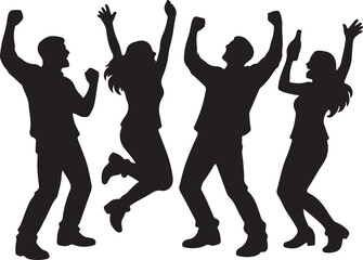 Fototapeta premium A group of happy people celebrating with excitement and cheering in a flat black silhouette style