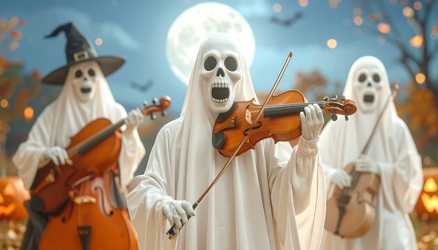 A whimsical Halloween scene depicts three ghostly figures performing on stringed instruments beneath a full moon, festive and eerie