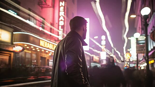 Man standing still in crowded timelapse street concept. Man in leather jacket walking through vibrant city street at night with neon lights and lively atmosphere