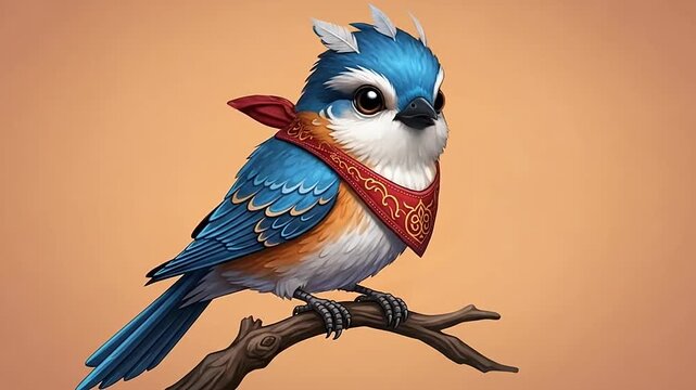 Cute stylized blue and orange bird with a decorative red bandana perched on a branch