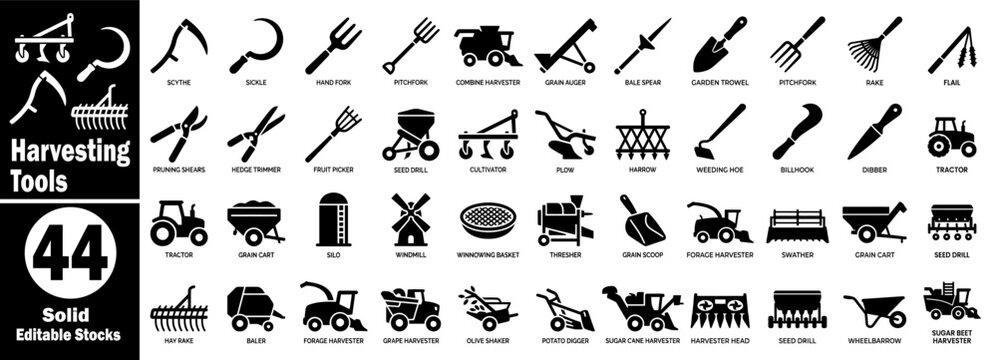 Harvesting tools icon set. Displays solid symbols for scythe, sickle, hand fork, pitchfork, combine harvester, grain auger, bale spear, and various farm machines vector illustration.