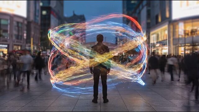 Man standing still in crowded timelapse street concept. Silhouette of a person surrounded by colorful glowing light trails in a busy urban street at dusk