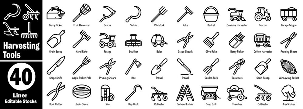 Harvesting tools and agricultural equipment flat icons. Featuring on a transparent background for farm work and garden vector illustration.