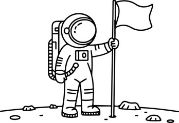 Minimalist cartoon astronaut standing on moon surface holding flag black and white line art space exploration illustration © RafatStock