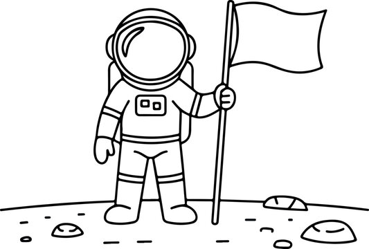 Minimalist cartoon astronaut standing on moon surface holding flag black and white line art space exploration illustration