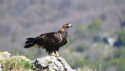 Fototapeta premium Powerful Golden Eagle (Aquila chrysaetos) standing proudly on a rocky cliff