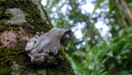 Obraz premium Amazon Milk Frog (Trachycephalus resinifictrix) climbing on a mossy forest tree trunk