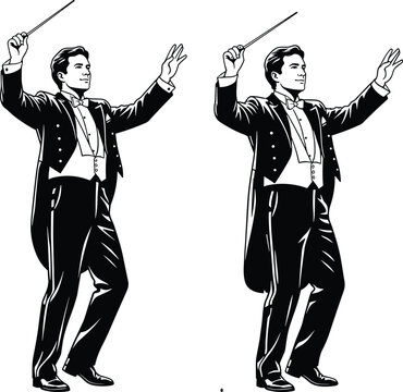 Vintage style vector illustration of an orchestra conductor in a tuxedo with a baton, directing a classical music performance.

All Keywords (One Line):