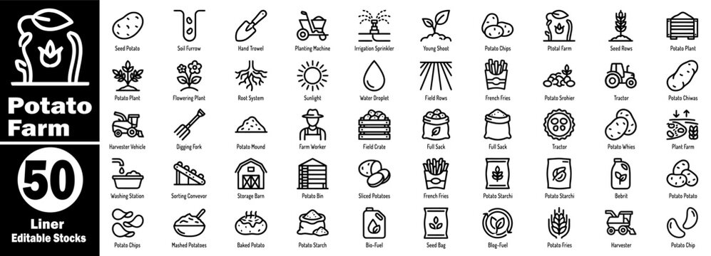 Potato farm liner editable stock icons. Presenting detailed agricultural cultivation, harvesting, storage, and potato food products in a thin line art style vector illustration.