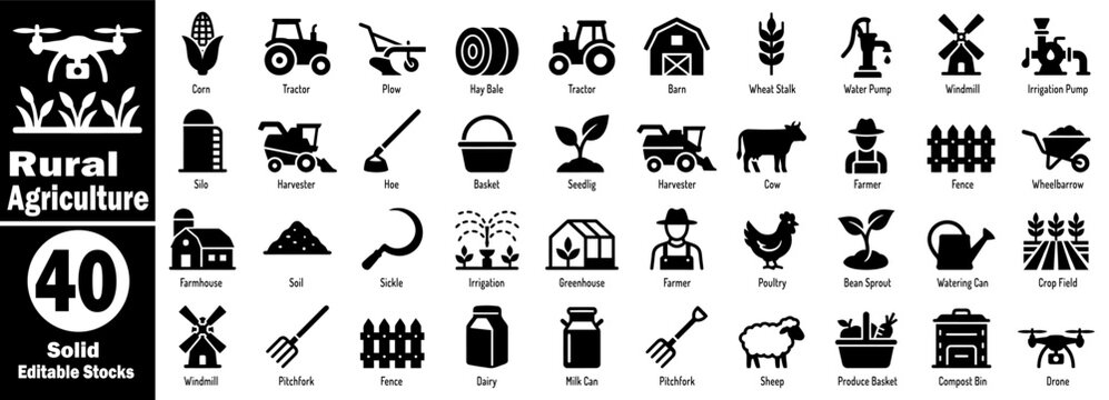 Rural agriculture black solid icons set. Farming and gardening glyph pictograms collection. corn, tractor, plow, hay bale, barn, wheat stalk, water pump vector illustration.