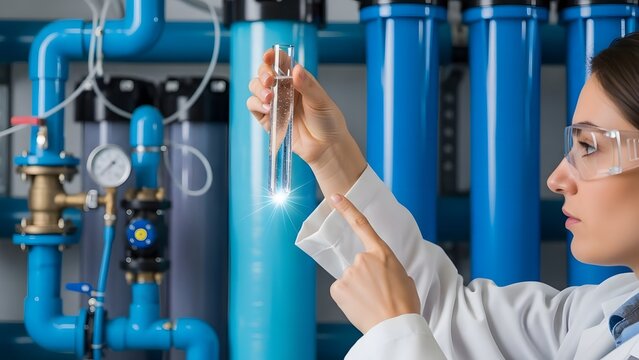 Female scientist examining water sample in test tube at industrial filter plant
