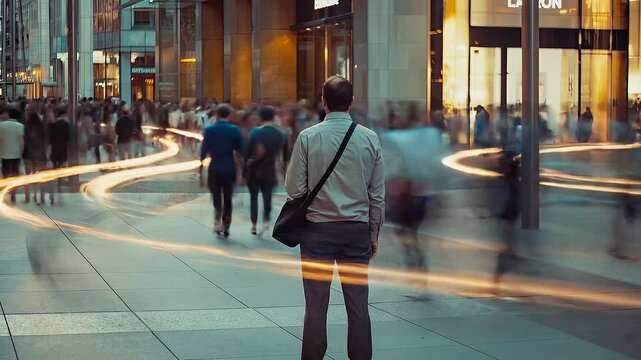 Man standing still in crowded timelapse street concept. Businessman standing still in busy city street with blurred crowd and dynamic light trails in urban environment