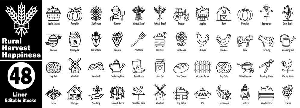 Rural harvest happiness icons set. Featuring of farm animals, tractor scarecrow, fruits, and vegetables for the agriculture and Thanksgiving holiday design vector illustration.