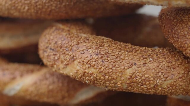 Freshly baked turkish simits bread at local bakery in morning hours