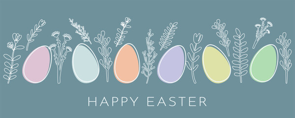 Happy Easter background. Easter eggs and flower silhouettes in pastel colors. A minimalist and festive design for a spring celebration. Vector illustration of an Easter greeting card. © Evgeniia
