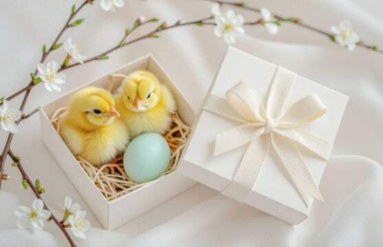 Two yellow chicks and blue egg in gift box with spring flowers  