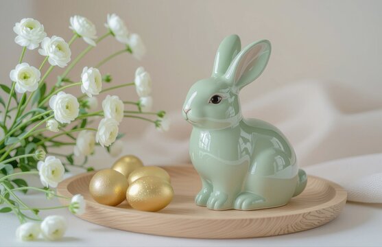Porcelain green rabbit figurine with golden eggs and flowers  