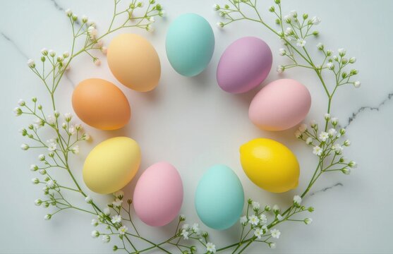 Colorful Easter eggs arranged with flowers on marble background  
