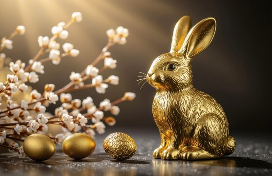 Golden bunny decoration beside golden eggs and flowers on tabletop  