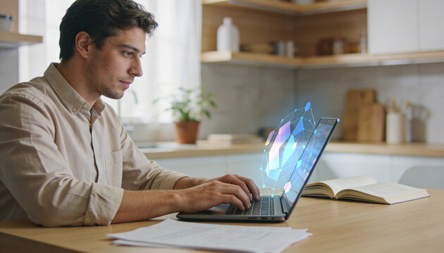 Man using laptop with digital AI brain hologram at home