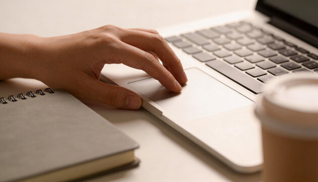 Close-up of hand using laptop trackpad with notebook and coffee