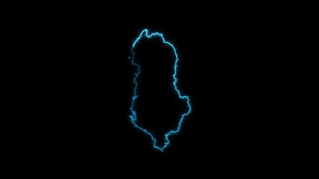 Abstract Blue Neon Glowing Electric Lightning Albania Map Outline Animation on Black Background Loop
