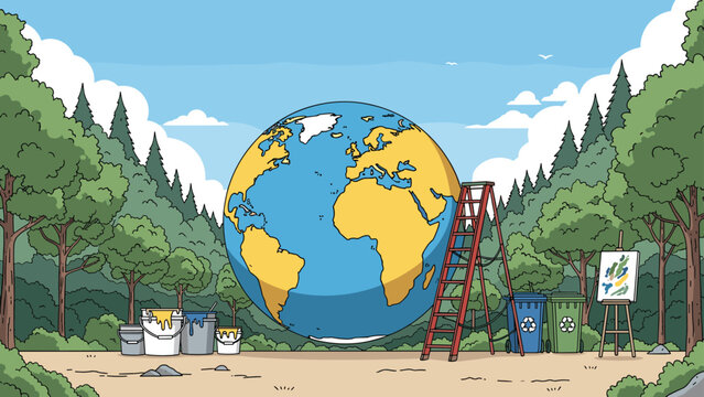 Giant globe stands in a forest surrounded by paint buckets and recycling bins to promote environmental care and awareness.