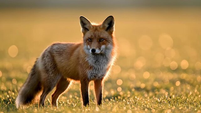 Alert fox standing in a golden field, looking off to the side.