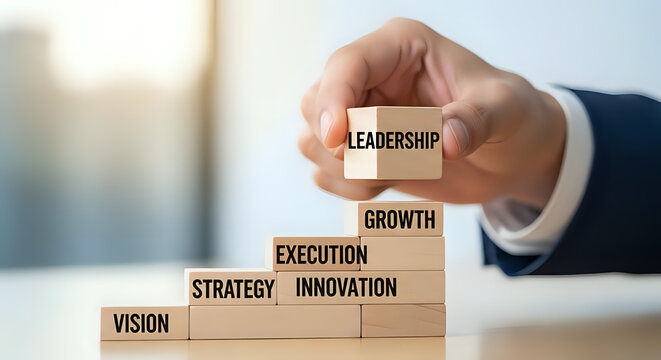 Hand stacking wooden blocks with business growth words with strategy developmen