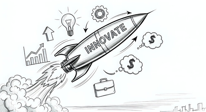 Hand drawn rocket ship launching with business icons with start up