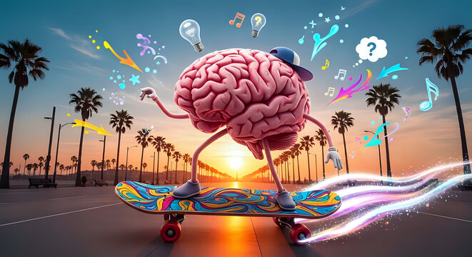 Brain character skateboarder at beach boardwalk sunset with palm trees