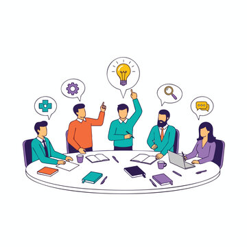 Five diverse people in a meeting brainstorm ideas around a round table