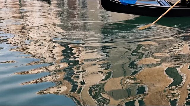 Gondola gliding through calm waters by architecture concept. Abstract water reflection of buildings and boat paddle creating artistic ripples on calm water surface
