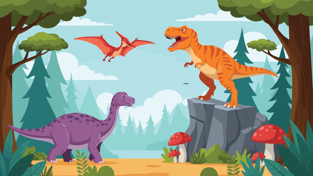Orange tyrannosaurus rex roars from a rock in a prehistoric forest while other dinosaurs wander and a pterodactyl flies above.