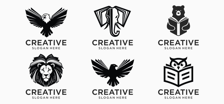 Kids Animal Book Logo Collection, Cute Educational Learning Vector Icons Black and White