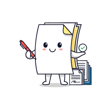 Cheerful paper stack character holding pen, holding checkmark, near document piles