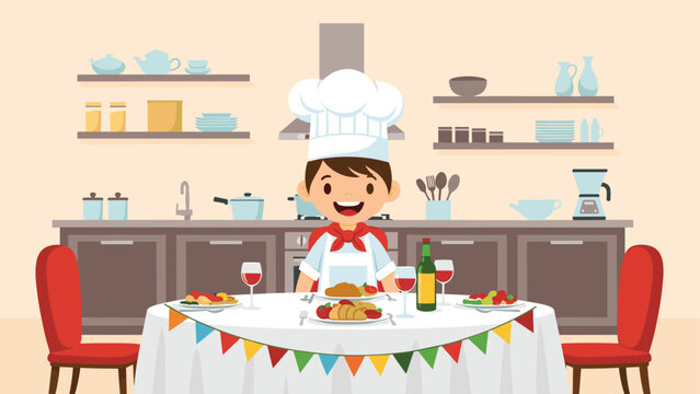 Smiling little boy dressed as a chef presents a delicious meal on a festive table with decorations in a cozy kitchen with various utensils.