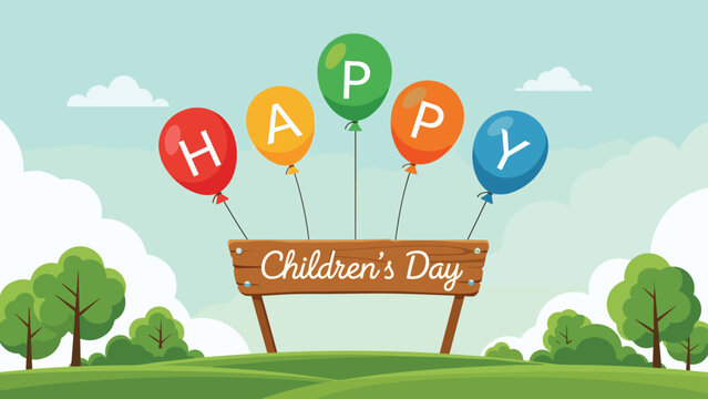 Festive display for happy children day features colorful balloons with letters and a wooden sign on a green hill under a clear bright sky.