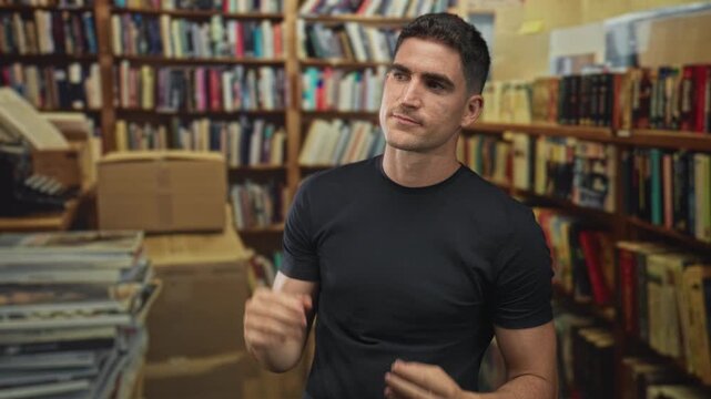 Young hispanic man gesturing with hands in a library aisle among packed bookshelves and cardboard boxes; contemplation study focus.