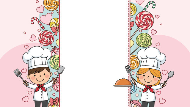 Two cute young chefs in uniform hold kitchen tools and a serving dish inside a frame decorated with many colorful lollipops and hearts.