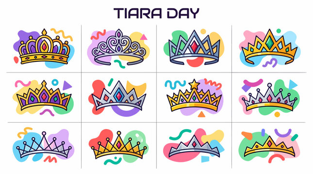 Collection of Colorful Crown Icons: Tiara Day Celebration