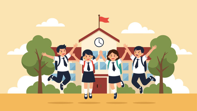 Group of joyful students in school uniforms jump high in the air in front of their school building on a bright sunny afternoon.